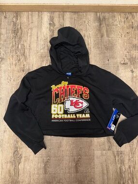NFL Kansas City Chiefs Black Cropped Hoodie with Red & Yellow Logo